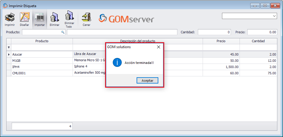 GOM server - Impresion Etiqueta Masivo CSV Mensaje
