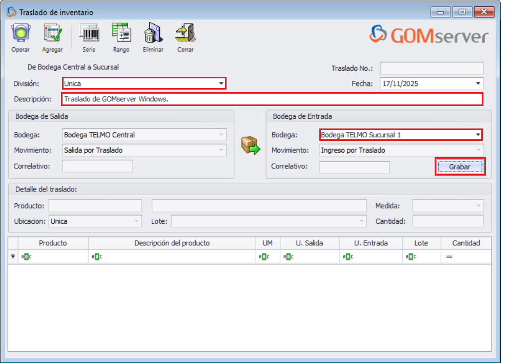 GOMserver Windows Traslado Guardar
