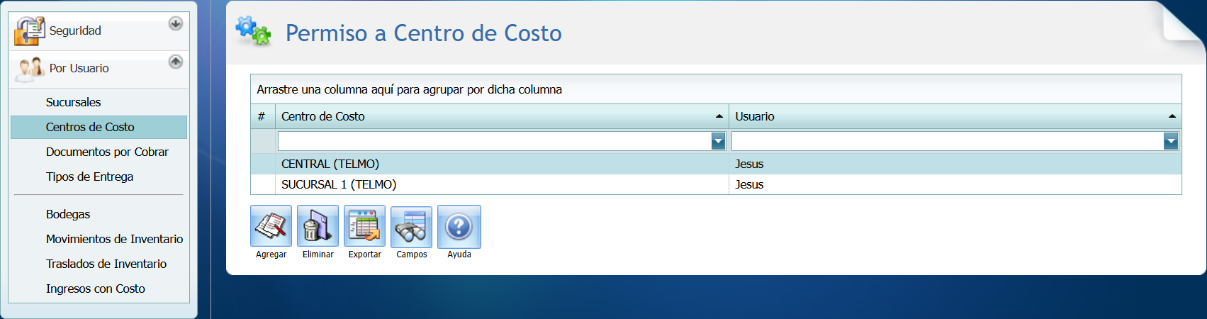 Seguridad Por Usuario Centros de Costo