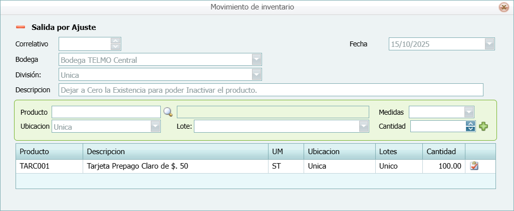 Movimientos Salida Producto