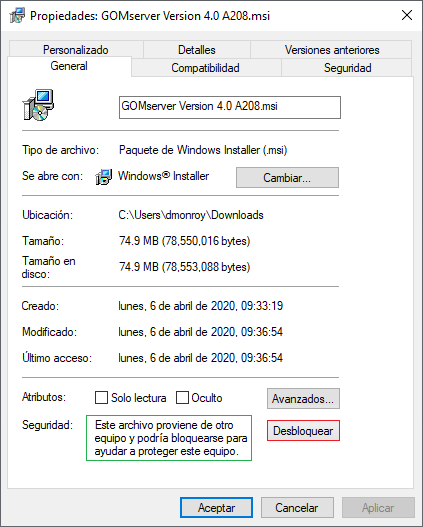 Instalacion GOMserver Windows Propiedades