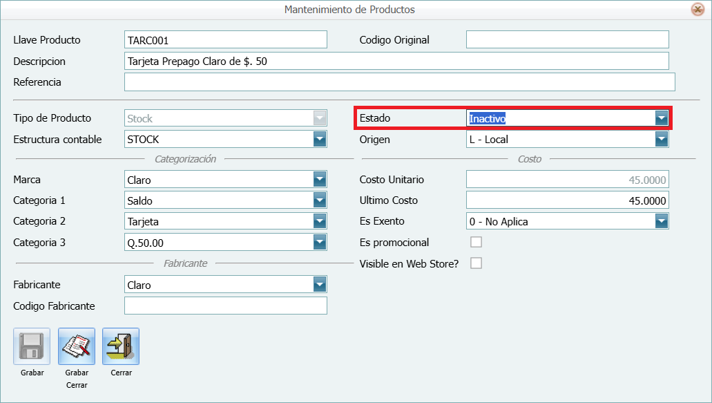 Inventario Inactivar Producto