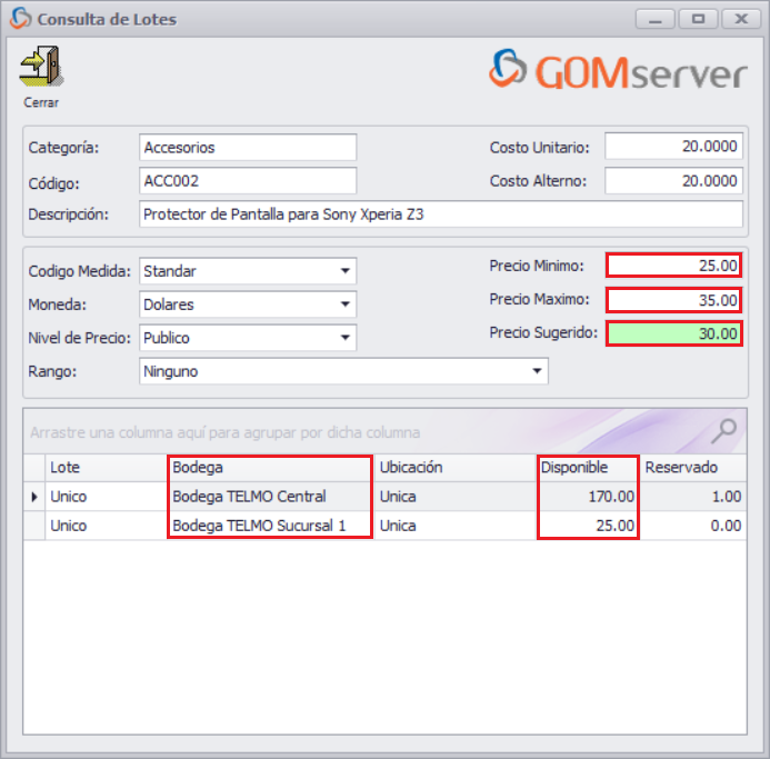 GOMserver Windows Producto Lote