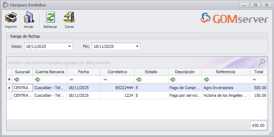 GOMserver Windows Cheques Emitidos
