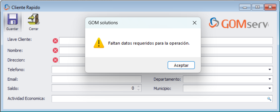 GOMserver Wimdows Clientes Campos Obligatorios