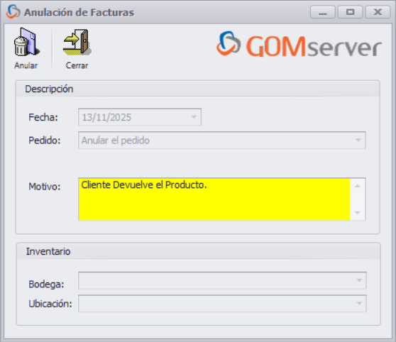 GOMserver Windows Factura Anular