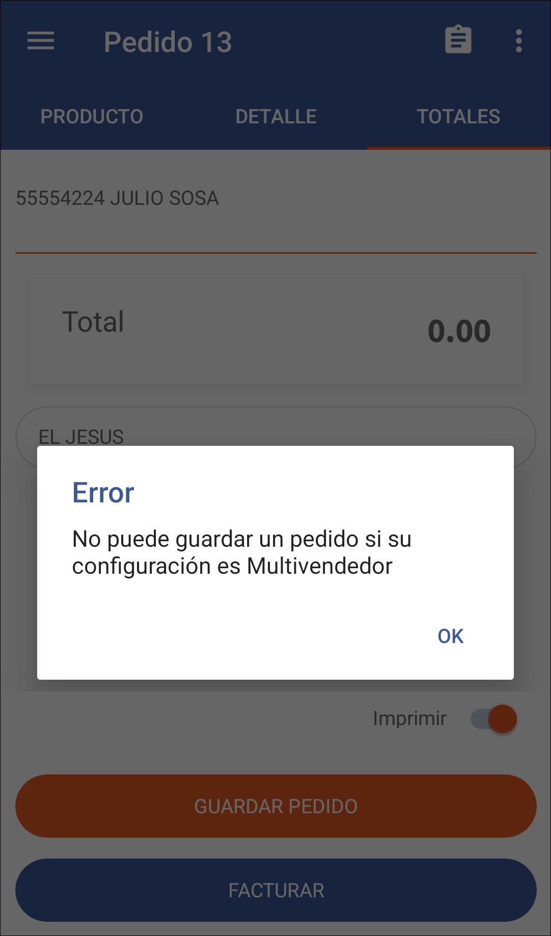 GOMserver App Pedidos Totales Botones Guardar Mensaje