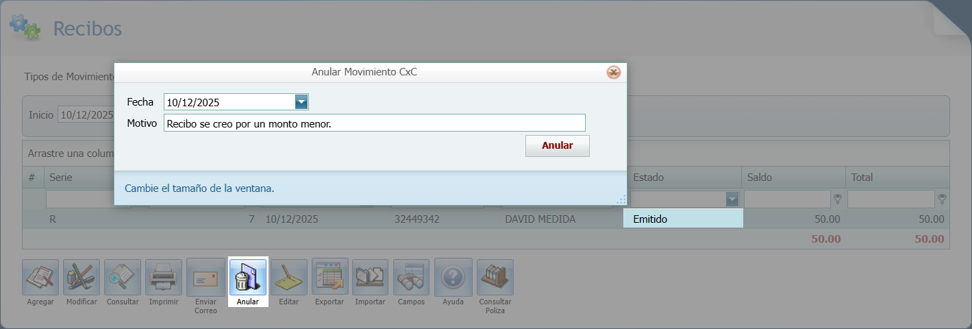 S F Cuenta por Cobrar Movimientos Recibo Anulacion