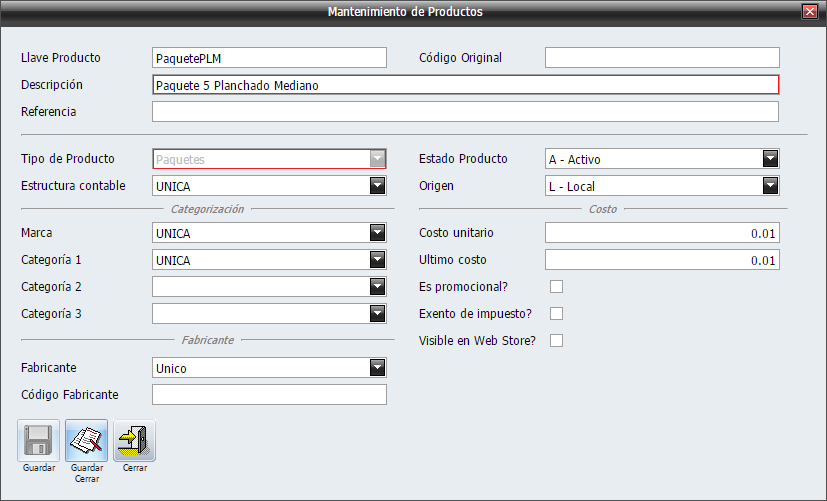 Inventario Producto Paquete Paquete