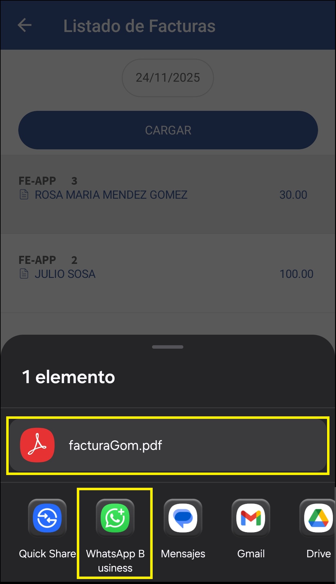 GOMserver App Facturas Compartir Opciones