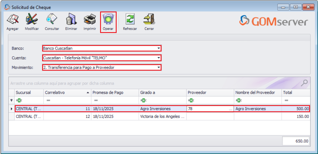 GOMsever Windows Solicitud de Cheque Operar
