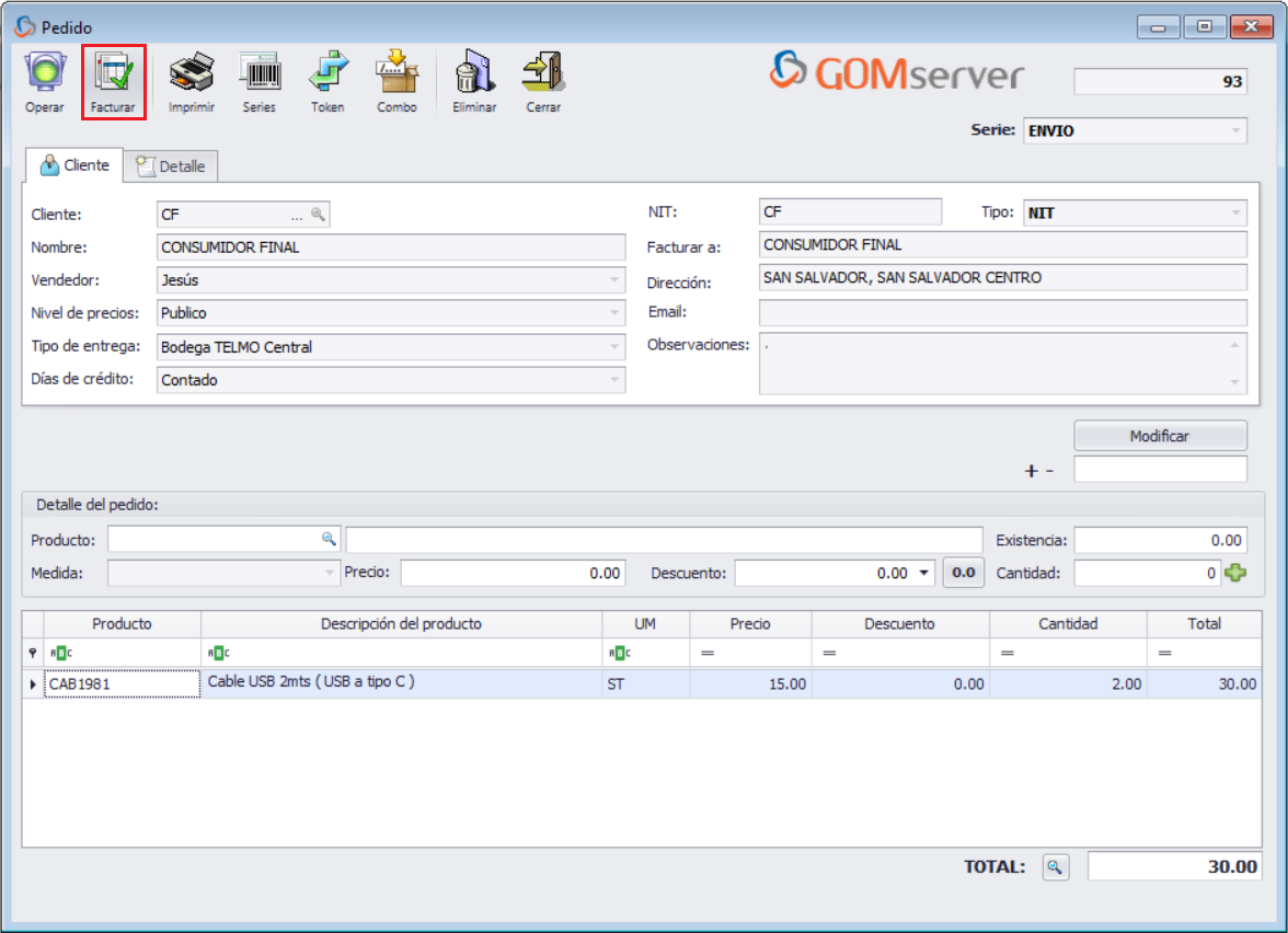 GOMserver Windows Pedido Agregar Descripcion Facturar