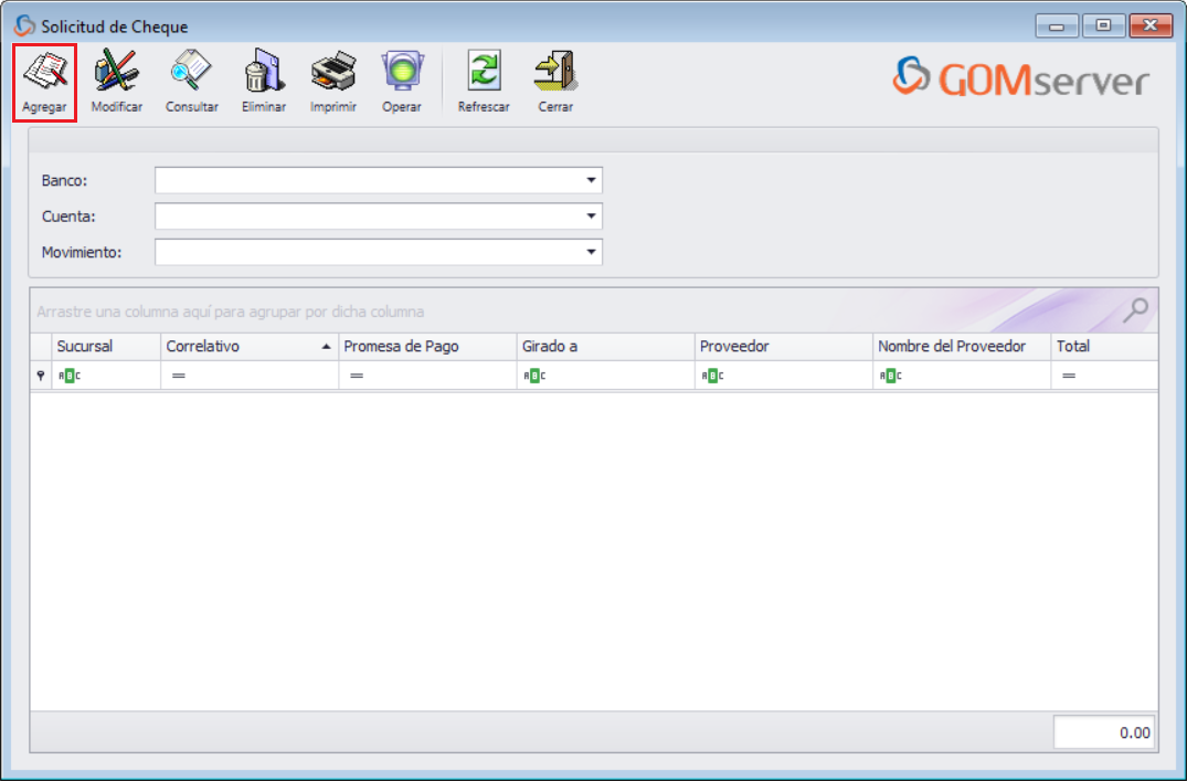 GOMsever Windows Solicitud de Cheque