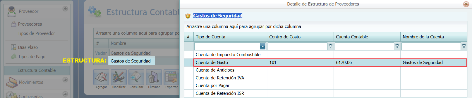 Contabilidad Enlaces Estructura CXP Estructura Gastos de Seguridad