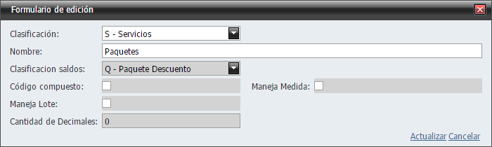 Inventario Tipo de Producto Paquete