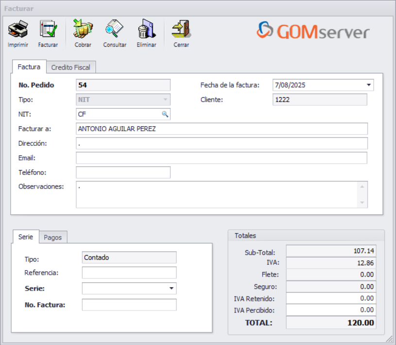 GOM server Pedido Facturar Boton 1