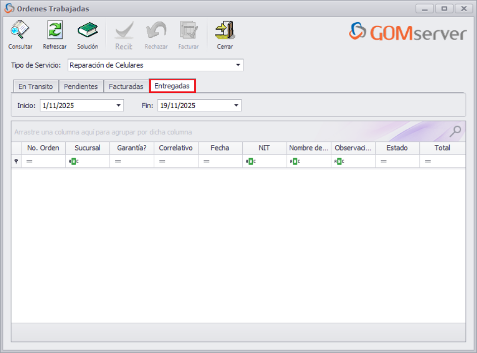 GOMserver Windows Servicio Ordenes Trabajadas Entregadas