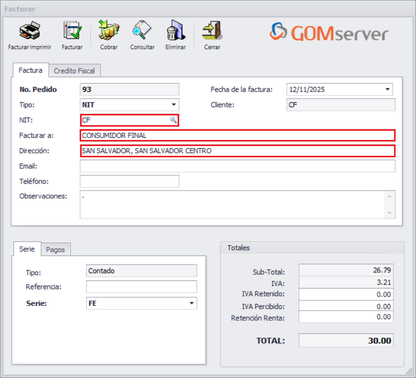 GOMserver Windows Pedido Agregar Descripcion Facturar Datos