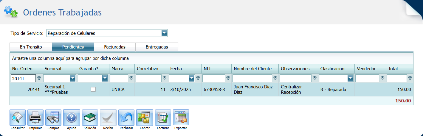 Servicio Ordenes Trabajadas Pendiente Ventana