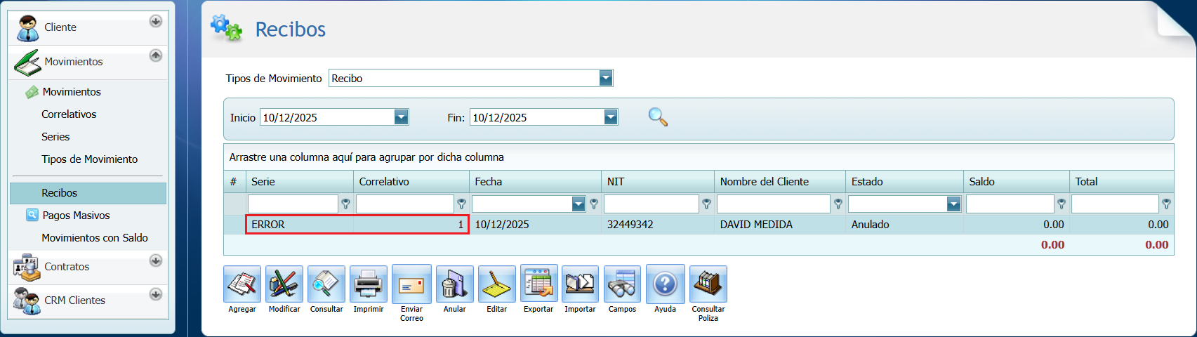 Cuentas por Cobrar Recibo Editar Serie Nueva