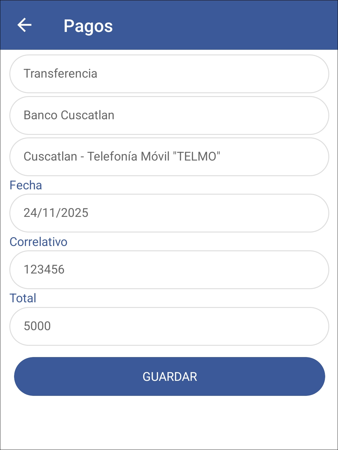 GOMserver App Recibos Ventana Cliente Datos Lleno