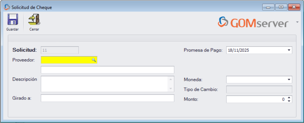 GOMsever Windows Solicitud de Cheque Nuevo