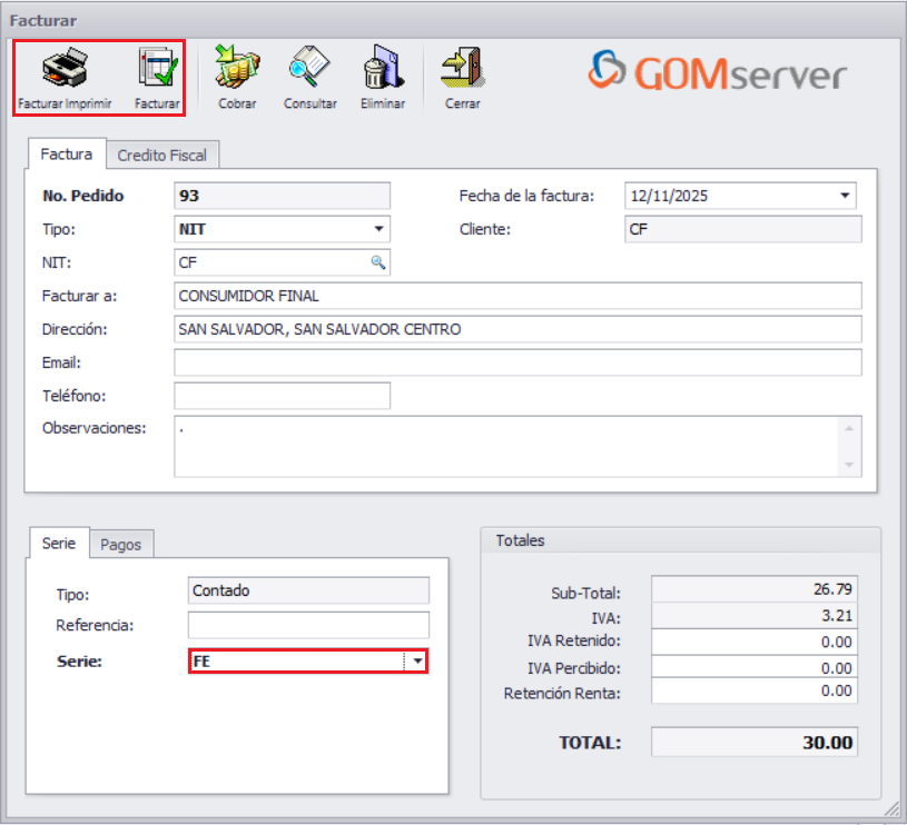 GOMserver Windows Pedido Agregar Descripcion Facturar Imprimir