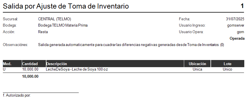 Toma de Inventario Administracion Ajuste Salida
