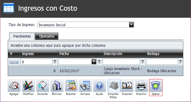 Ingreso con Costo Masivo Stock con Ubicacion Operar