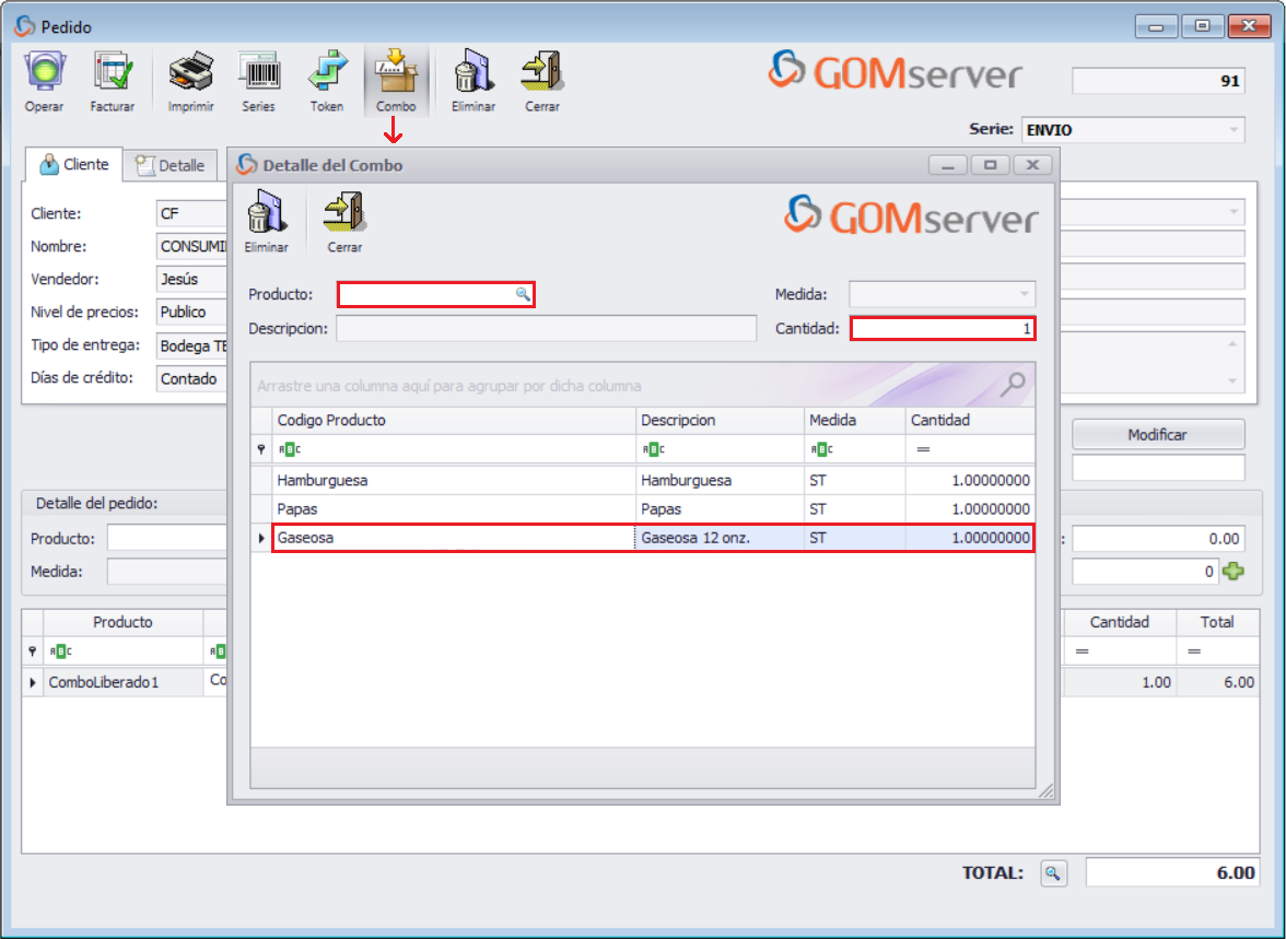 GOM server Pedido Agregar Combo Liberado Completo Detalle