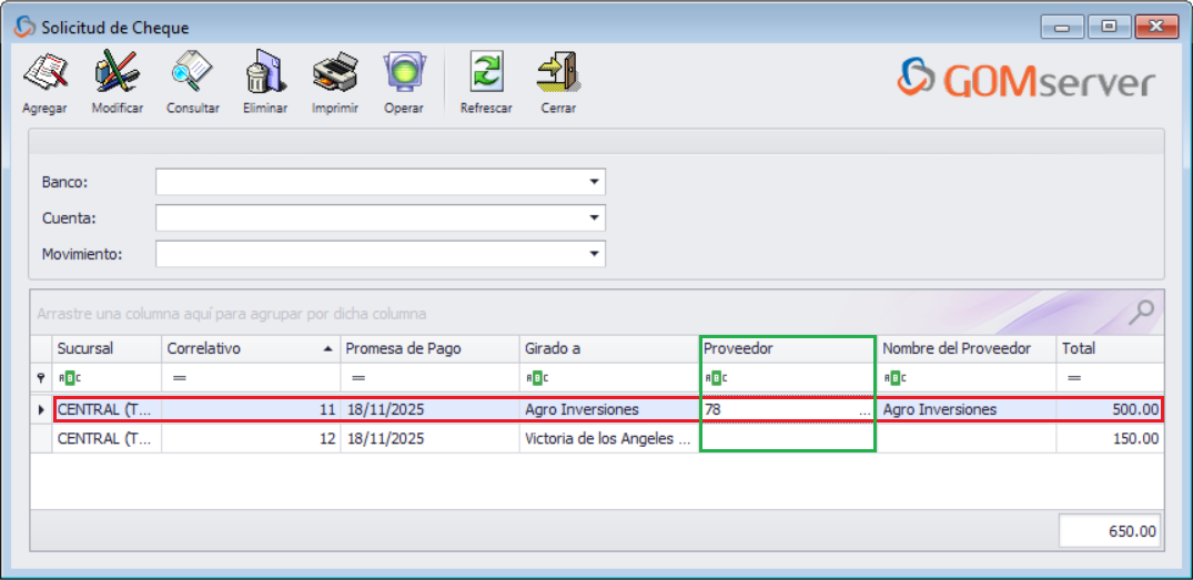 GOMsever Windows Solicitud de Cheque Nuevo Creado