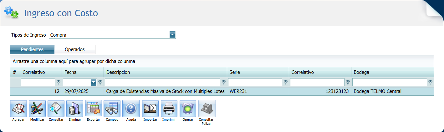 Ingreso con Costo Stock con Multiples Lote