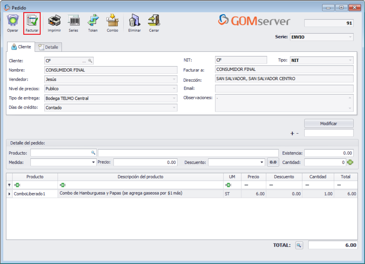 GOM server Pedido Agregar Combo Liberado Facturar